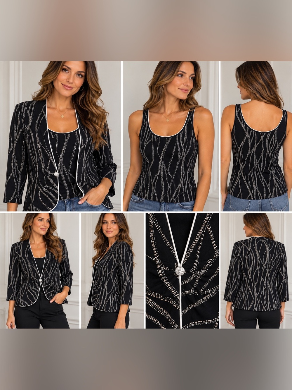 Alex Black & Silver Abstract Print 2-Pc Jacket & Tank Set